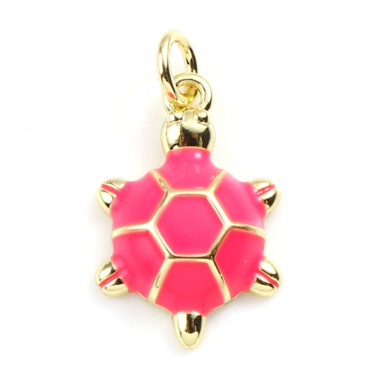 Picture of Brass Ocean Jewelry Charms Gold Plated Fuchsia Sea Turtle Animal Enamel 22mm x 12mm, 2 PCs                                                                                                                                                                    