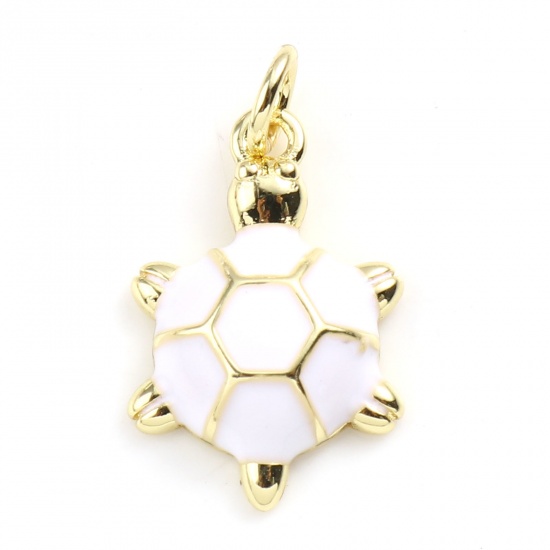 Picture of Brass Ocean Jewelry Charms Gold Plated White Sea Turtle Animal Enamel 22mm x 12mm, 2 PCs                                                                                                                                                                      
