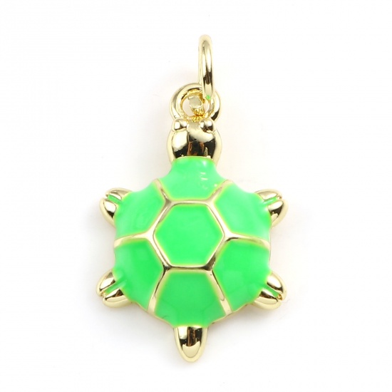 Picture of Brass Ocean Jewelry Charms Gold Plated Green Sea Turtle Animal Enamel 22mm x 12mm, 2 PCs                                                                                                                                                                      