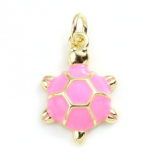Picture of Brass Ocean Jewelry Charms Gold Plated Pink Sea Turtle Animal Enamel 22mm x 12mm, 2 PCs                                                                                                                                                                       