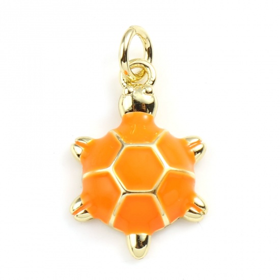 Picture of Brass Ocean Jewelry Charms Gold Plated Orange Sea Turtle Animal Enamel 22mm x 12mm, 2 PCs                                                                                                                                                                     