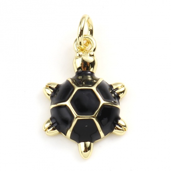 Picture of Brass Ocean Jewelry Charms Gold Plated Black Sea Turtle Animal Enamel 22mm x 12mm, 2 PCs                                                                                                                                                                      