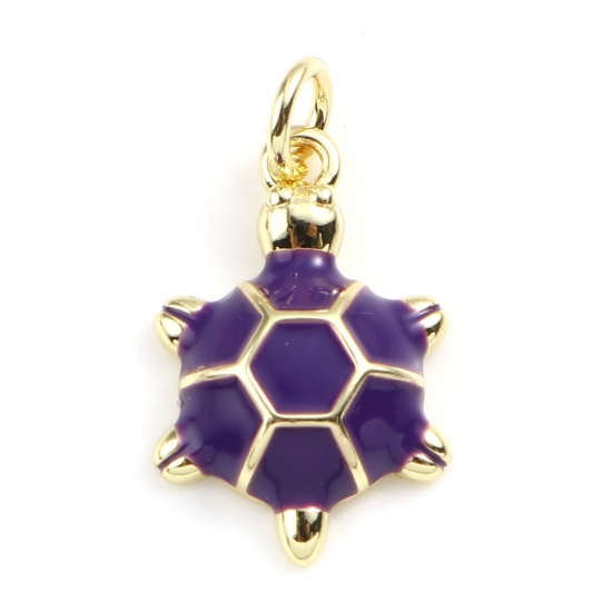 Picture of Brass Ocean Jewelry Charms Gold Plated Purple Sea Turtle Animal Enamel 22mm x 12mm, 2 PCs                                                                                                                                                                     