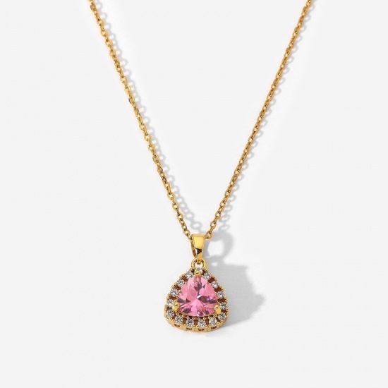 Picture of Eco-friendly Sweet & Cute Valentine's Day 18K Real Gold Plated Pink 304 Stainless Steel & Cubic Zirconia Link Cable Chain Triangle Micro Pave Pendant Necklace For Women Valentine's Day 39cm(15 3/8") long, 1 Piece