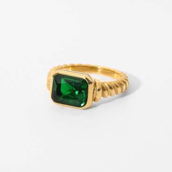 Immagine di Ecologico Elegante 18K Oro riempito Verde 304 Acciaio Inossidabile & Zircone Cubico  Non Regolabile Spirale Rettangolo Anello Per Donne 18.1mm (taglia di US: 8), 1 Pz