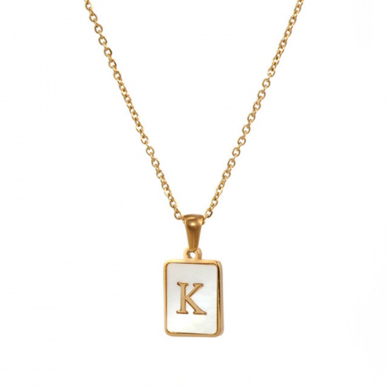 Picture of Stainless Steel & Shell Necklace 18K Real Gold Plated White Rectangle Initial Alphabet/ Capital Letter Message " K " 45cm(17 6/8") long, 1 Piece