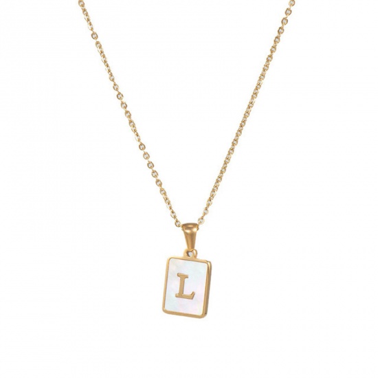 Picture of Stainless Steel & Shell Necklace 18K Real Gold Plated White Rectangle Initial Alphabet/ Capital Letter Message " L " 45cm(17 6/8") long, 1 Piece