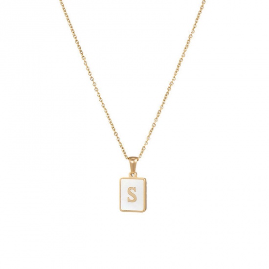 Picture of Stainless Steel & Shell Necklace 18K Real Gold Plated White Rectangle Initial Alphabet/ Capital Letter Message " S " 45cm(17 6/8") long, 1 Piece