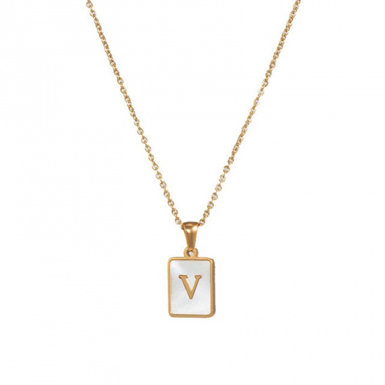 Picture of Stainless Steel & Shell Necklace 18K Real Gold Plated White Rectangle Initial Alphabet/ Capital Letter Message " V " 45cm(17 6/8") long, 1 Piece