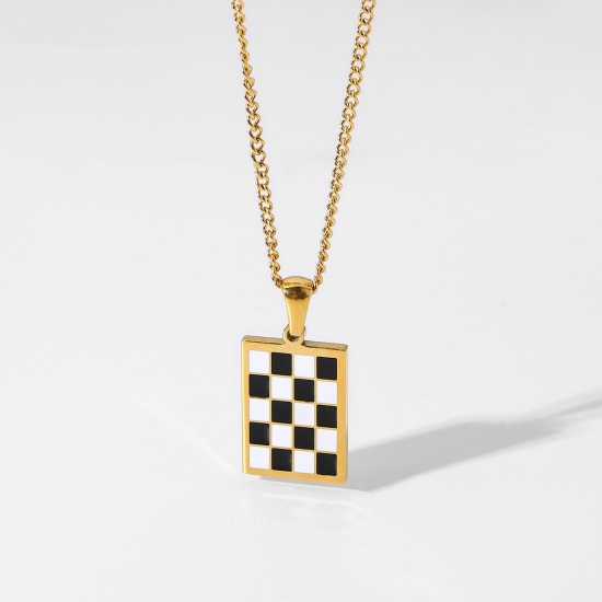 Picture of Stainless Steel Necklace 18K Real Gold Plated Black & White Checkerboard Rectangle Enamel 41cm(16 1/8") long, 1 Piece