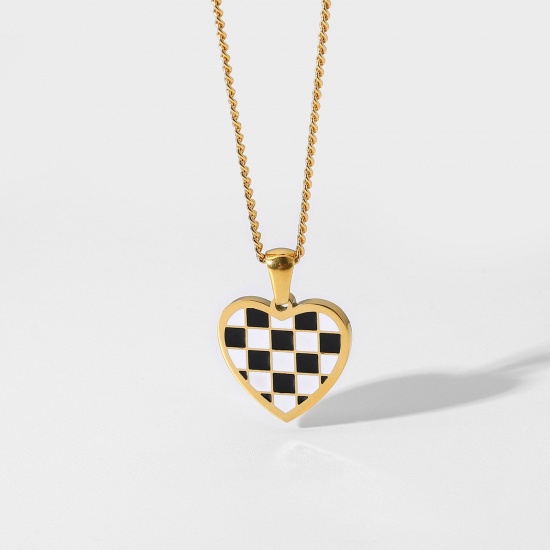 Picture of Stainless Steel Valentine's Day Necklace 18K Real Gold Plated Black & White Checkerboard Heart Enamel 41cm(16 1/8") long, 1 Piece