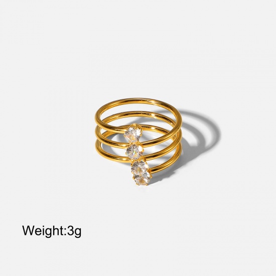 Picture of 1 Piece Vacuum Plating Simple & Casual Exquisite 18K Real Gold Plated Transparent Clear 304 Stainless Steel & Cubic Zirconia Open Geometric Multilayer Rings For Women