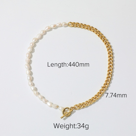 Picture of Eco-friendly Simple & Casual Exquisite 18K Real Gold Plated White 304 Stainless Steel & Natural Pearl Cuban Link Chain Necklace For Women 44cm(17 3/8") long, 1 Piece