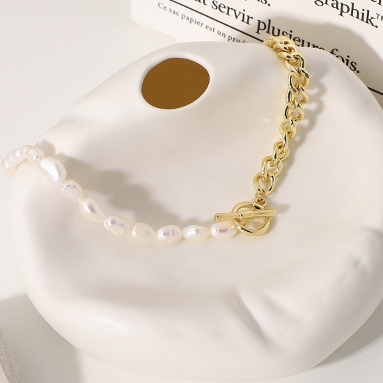 Picture of 1 Piece Vacuum Plating Simple & Casual Exquisite 18K Real Gold Plated White 304 Stainless Steel & Natural Pearl Cuban Link Chain Necklace For Women 44cm(17 3/8") long