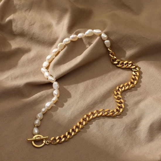 Picture of 1 Piece Vacuum Plating Simple & Casual Exquisite 18K Real Gold Plated White 304 Stainless Steel & Natural Pearl Cuban Link Chain Necklace For Women 44cm(17 3/8") long