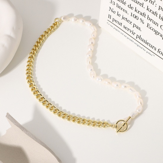 Picture of Eco-friendly Simple & Casual Exquisite 18K Real Gold Plated White 304 Stainless Steel & Natural Pearl Cuban Link Chain Necklace For Women 44cm(17 3/8") long, 1 Piece