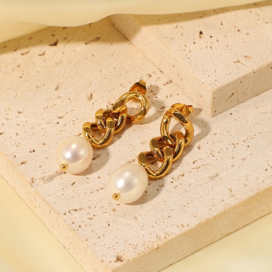 Bild von 1 Paar Vakuumbeschichtung Edelstahl Ohrring 18K Vergoldet Weiß Geometrie 3.9cm