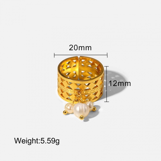 Изображение 1 Piece Vacuum Plating Stainless Steel & Natural Pearl Open Adjustable Rings 18K Real Gold Plated White Circle Ring