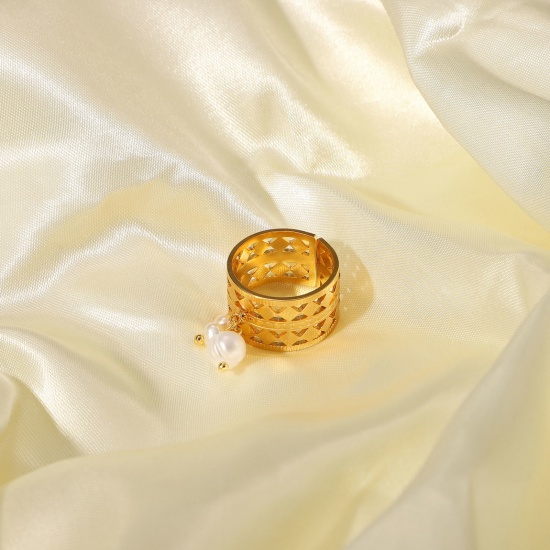 Изображение 1 Piece Vacuum Plating Stainless Steel & Natural Pearl Open Adjustable Rings 18K Real Gold Plated White Circle Ring