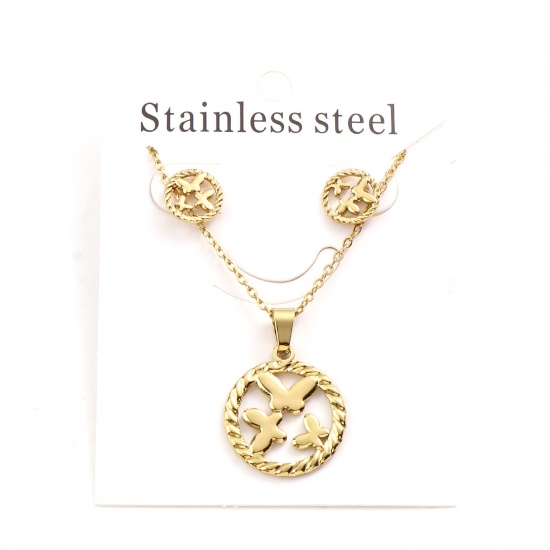 Picture of 201 Stainless Steel Insect Jewelry Necklace Stud Earring Set Gold Plated Round Butterfly 45cm(17 6/8") long, 1cm Dia., Post/ Wire Size: (21 gauge), 1 Set ( 2 PCs/Set)