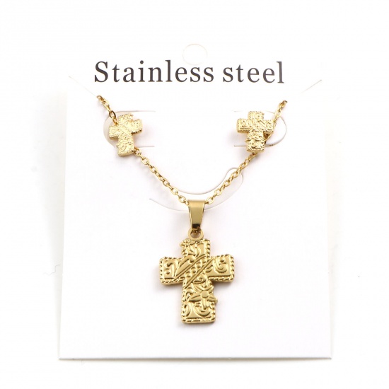 Picture of 201 Stainless Steel Religious Jewelry Necklace Stud Earring Set Gold Plated Cross 45cm(17 6/8") long, 1cm x 0.9cm, Post/ Wire Size: (21 gauge), 1 Set ( 2 PCs/Set)