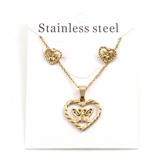 Picture of 201 Stainless Steel Valentine's Day Jewelry Necklace Stud Earring Set Gold Plated Heart Butterfly 45cm(17 6/8") long, 1cm x 0.9cm, Post/ Wire Size: (21 gauge), 1 Set ( 2 PCs/Set)