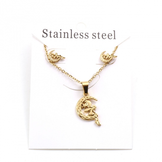 Picture of 201 Stainless Steel Fairy Tale Collection Jewelry Necklace Stud Earring Set Gold Plated Half Moon Fairy 45cm(17 6/8") long, 1cm x 0.7cm, Post/ Wire Size: (21 gauge), 1 Set ( 2 PCs/Set)