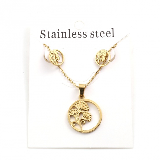 Picture of 201 Stainless Steel Jewelry Necklace Stud Earring Set Gold Plated Round Flower Hollow 45cm(17 6/8") long, 1cm Dia., Post/ Wire Size: (21 gauge), 1 Set ( 2 PCs/Set)