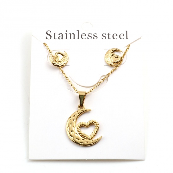 Picture of 201 Stainless Steel Valentine's Day Jewelry Necklace Stud Earring Set Gold Plated Half Moon Heart 45cm(17 6/8") long, 1cm x 0.9cm, Post/ Wire Size: (21 gauge), 1 Set ( 2 PCs/Set)