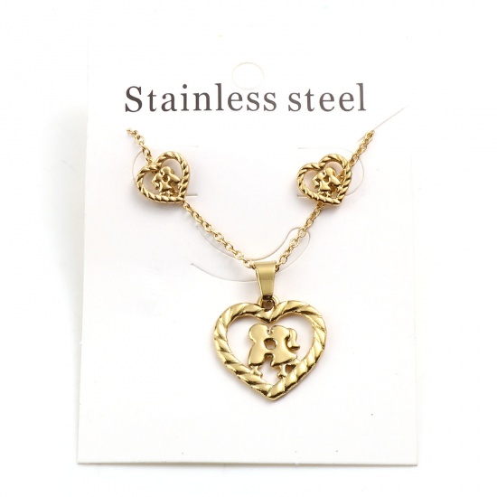 Picture of 201 Stainless Steel Valentine's Day Jewelry Necklace Stud Earring Set Gold Plated Heart Lovers Hollow 45cm(17 6/8") long, 1cm x 1cm, Post/ Wire Size: (21 gauge), 1 Set ( 2 PCs/Set)