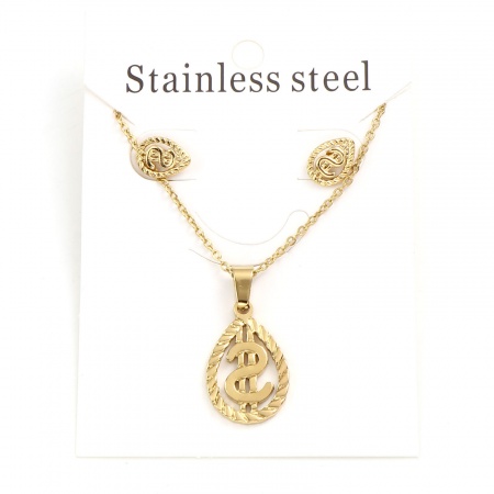 Immagine di Goccia Dollaro Americano Filigrana Collana Orecchini Serie All'Ingrosso, Oro Placcato 201 Acciaio Inossidabile Donne Elegante Regalo Gioielli Per Rivenditore, 45cm Lunghezza, 1cm x 0.8cm, 1 Serie