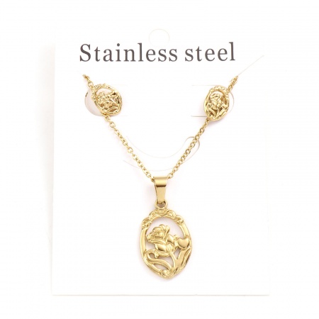 Immagine di Ovale Fiore Filigrana Collana Orecchini Serie All'Ingrosso, Oro Placcato 201 Acciaio Inossidabile Donne Elegante Regalo Gioielli Per Rivenditore, 45cm Lunghezza, 1cm x 0.7cm, 1 Serie