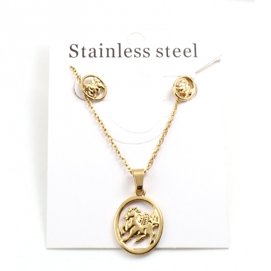 Picture of 201 Stainless Steel Jewelry Necklace Stud Earring Set Gold Plated Oval Horse Hollow 45cm(17 6/8") long, 1cm x 0.8cm, Post/ Wire Size: (21 gauge), 1 Set ( 2 PCs/Set)