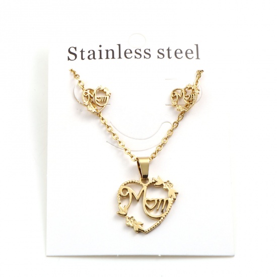 Picture of 201 Stainless Steel Mother's Day Jewelry Necklace Stud Earring Set Gold Plated Heart Message " Mom " Hollow 45cm(17 6/8") long, 1cm x 0.9cm, Post/ Wire Size: (21 gauge), 1 Set ( 2 PCs/Set)