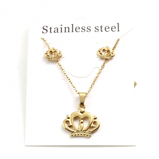 Picture of 201 Stainless Steel Jewelry Necklace Stud Earring Set Gold Plated Crown 45cm(17 6/8") long, 1cm x 0.8cm, Post/ Wire Size: (21 gauge), 1 Set ( 2 PCs/Set)