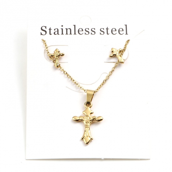 Picture of 201 Stainless Steel Religious Jewelry Necklace Stud Earring Set Gold Plated Cross 45cm(17 6/8") long, 1cm x 0.8cm, Post/ Wire Size: (21 gauge), 1 Set ( 2 PCs/Set)