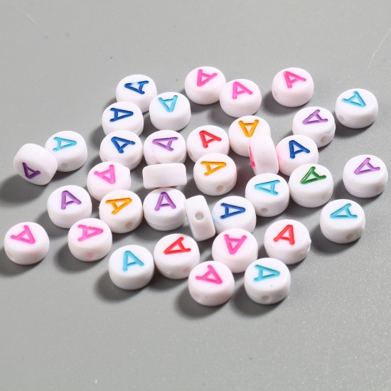 Picture of Acrylic Beads Flat Round At Random Color Mixed Initial Alphabet/ Capital Letter Pattern Message " A " About 7mm Dia., Hole: Approx 1.4mm, 500 PCs