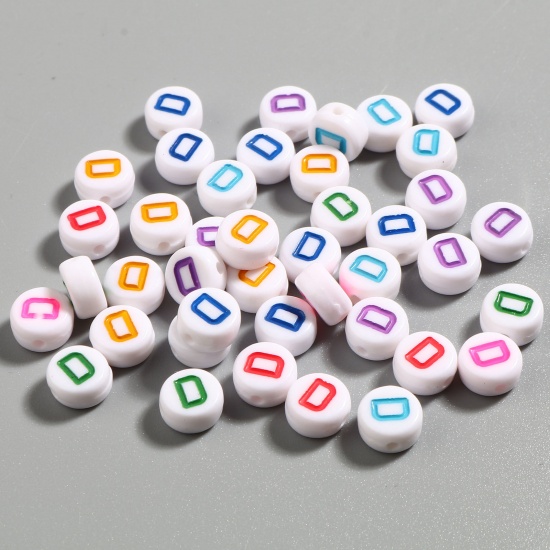 Picture of Acrylic Beads Flat Round At Random Color Mixed Initial Alphabet/ Capital Letter Pattern Message " D " About 7mm Dia., Hole: Approx 1.4mm, 500 PCs