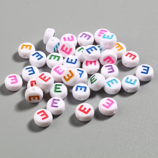 Picture of Acrylic Beads Flat Round At Random Color Mixed Initial Alphabet/ Capital Letter Pattern Message " E " About 7mm Dia., Hole: Approx 1.4mm, 500 PCs