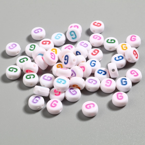 Picture of Acrylic Beads Flat Round At Random Color Mixed Initial Alphabet/ Capital Letter Pattern Message " G " About 7mm Dia., Hole: Approx 1.4mm, 500 PCs