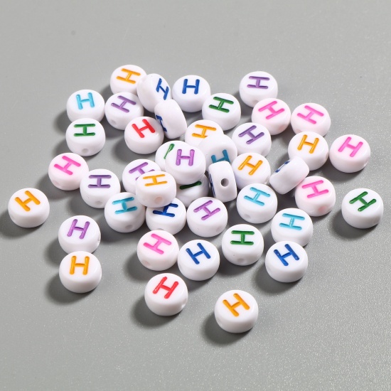 Picture of Acrylic Beads Flat Round At Random Color Mixed Initial Alphabet/ Capital Letter Pattern Message " H " About 7mm Dia., Hole: Approx 1.4mm, 500 PCs