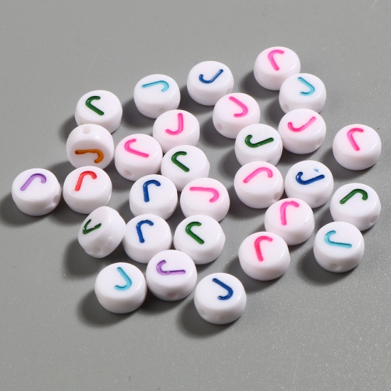 Picture of Acrylic Beads Flat Round At Random Color Mixed Initial Alphabet/ Capital Letter Pattern Message " J " About 7mm Dia., Hole: Approx 1.4mm, 500 PCs