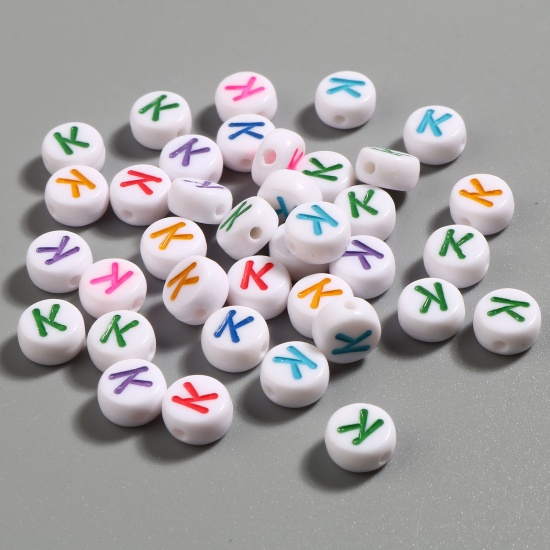 Picture of Acrylic Beads Flat Round At Random Color Mixed Initial Alphabet/ Capital Letter Pattern Message " K " About 7mm Dia., Hole: Approx 1.4mm, 500 PCs