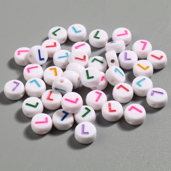 Picture of Acrylic Beads Flat Round At Random Color Mixed Initial Alphabet/ Capital Letter Pattern Message " L " About 7mm Dia., Hole: Approx 1.4mm, 500 PCs