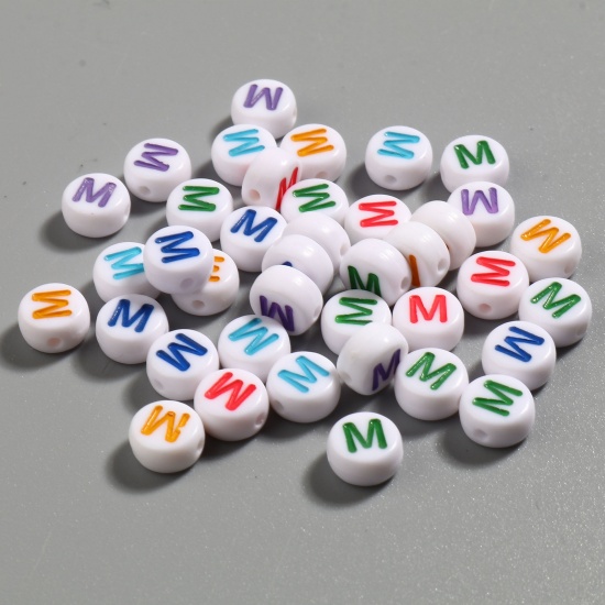 Picture of Acrylic Beads Flat Round At Random Color Mixed Initial Alphabet/ Capital Letter Pattern Message " M " About 7mm Dia., Hole: Approx 1.4mm, 500 PCs