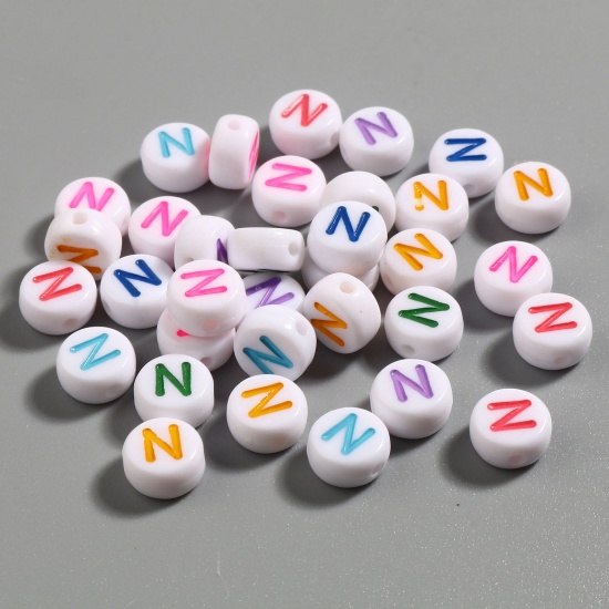 Picture of Acrylic Beads Flat Round At Random Color Mixed Initial Alphabet/ Capital Letter Pattern Message " N " About 7mm Dia., Hole: Approx 1.4mm, 500 PCs