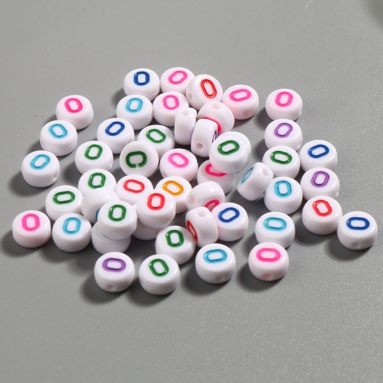 Picture of Acrylic Beads Flat Round At Random Color Mixed Initial Alphabet/ Capital Letter Pattern Message " O " About 7mm Dia., Hole: Approx 1.4mm, 500 PCs