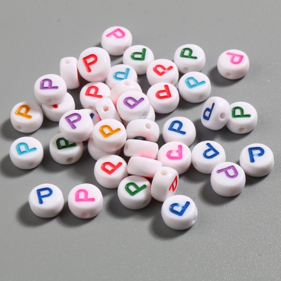 Picture of Acrylic Beads Flat Round At Random Color Mixed Initial Alphabet/ Capital Letter Pattern Message " P " About 7mm Dia., Hole: Approx 1.4mm, 500 PCs