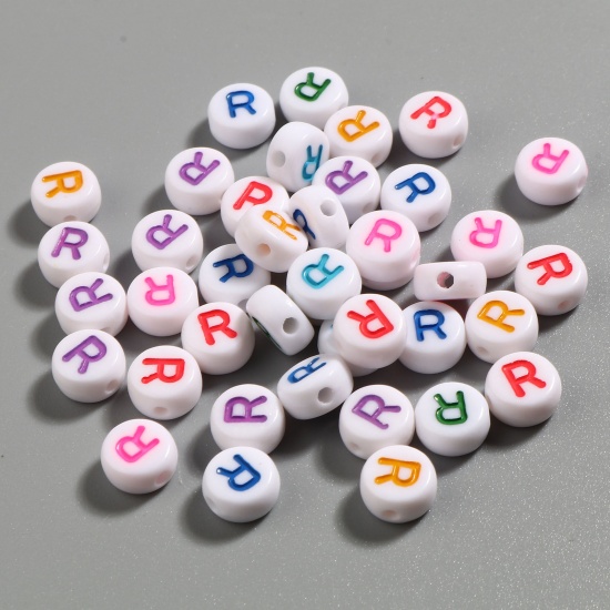 Picture of Acrylic Beads Flat Round At Random Color Mixed Initial Alphabet/ Capital Letter Pattern Message " R " About 7mm Dia., Hole: Approx 1.4mm, 500 PCs