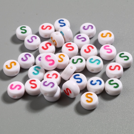 Picture of Acrylic Beads Flat Round At Random Color Mixed Initial Alphabet/ Capital Letter Pattern Message " S " About 7mm Dia., Hole: Approx 1.4mm, 500 PCs